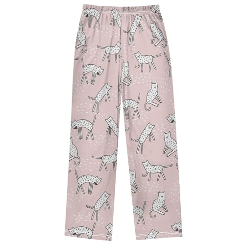 Boy's Pj Pants Adorable White Spot Cat Pink Lounge Bottoms Elastic Waist Kids Joggers with Pockets Size 6-14 7