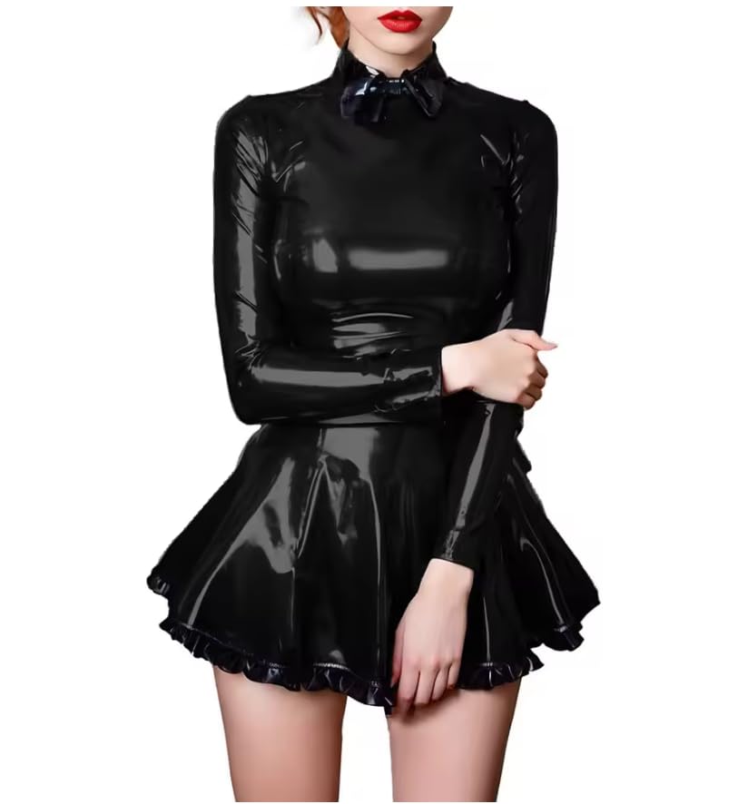 Vestido vintage de piel de PVC con lazo y cuello alto para mujer, manga larga, cintura alta, plisado, vestido de fiesta, vestido acampanado personalizable