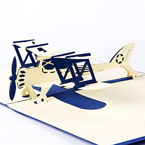 Airplane Design 3D Pop Up Card Greeting Card Birthday Card Plane Card Retro Biplane Gift Vintage Aeroplane Gift Pilot Gift (Blue)