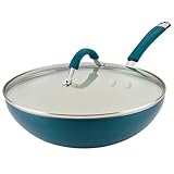 Rachael Ray Cucina Ceramic Nonstick Stir Fry Pan and Lid, 11 Inch Non Stick Wok Pan, Dishwasher Safe - Marine Blue