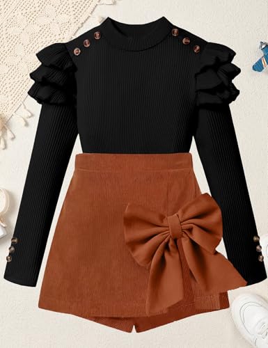 Image of Girls Clothes 2 Piece Ruffle Long Sleeve Shirt Top and Bow Plaid Skirt Set Girls Fall Winter Outfits 6-16 Years