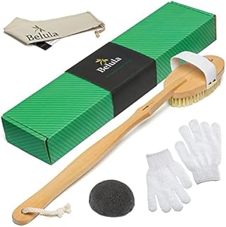 Belula 100% Vegan Dry Brushing Body Brush Set- Firm Dry Brush for Cellulite and Lymphatic, Konjac Sponge for Face and One Pair of Bath & Shower Gloves. Free Bag & How to.