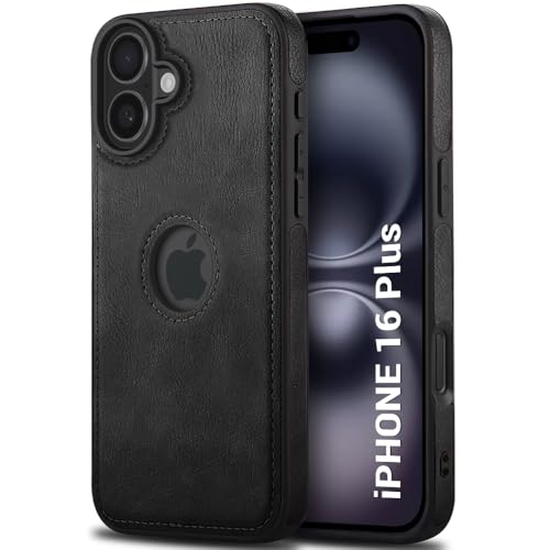 Image of TheGiftKart Genuine Leather Finish Back Cover Case for iPhone 16 Plus | Shockproof Design | Raised Edges for Camera & Screen Protection | Stunning Minimalist Design Case Cover (Black Sides, Black)