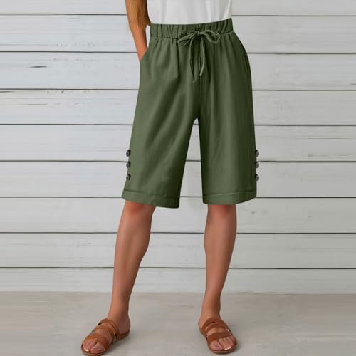 Womens Knee Length Shorts Drawstring Waisted Buttons Summer Dressy Causal Lightweight Pants with Pockets2