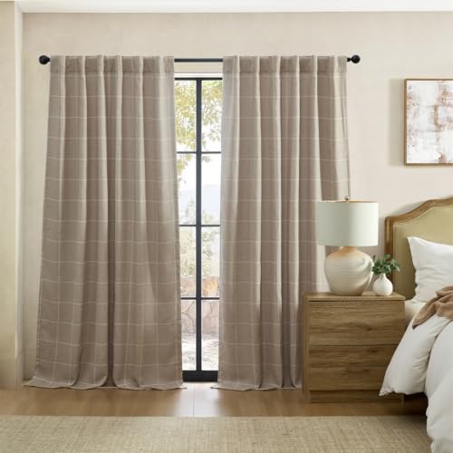 Image of Elrene Home Fashions Sawyer Windowpane Plaid Room Darkening Single Window Curtain Panel with Rod Pocket/Back Tabs for Living Room/Bedroom/Office, 52"x95", Linen