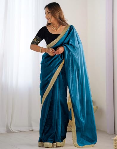 Image of SIRIL Women's Shimmer Net Sequence Embroidery Lace Saree for With Unstitched Blouse Piece