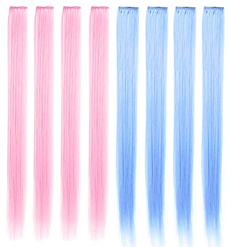 JCM 21'' 8PCS Princess Party Highlight Light Pink Light Blue Hair Pieces Colored Hair Extensions Clip in/On for America Girls and Kids Wig Pieces for Dolls(Light Pink Sky Blue )