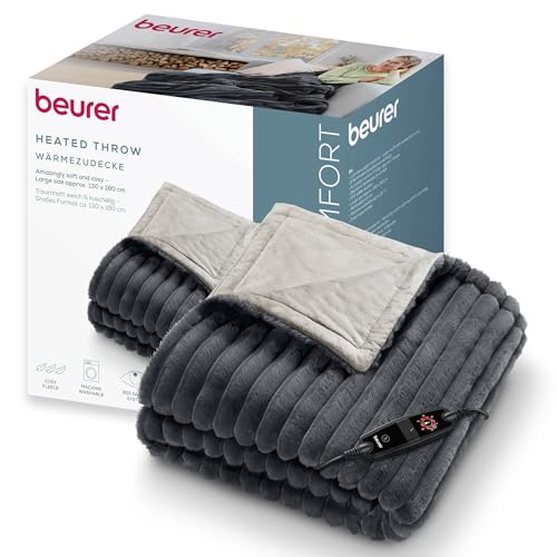 Beurer Stockholm manta eléctrica, manta térmica acogedora de material superior lujoso con 6 niveles de temperatura, con apagado automático y sistema de seguridad, lavable a máquina a 30 °C, gris