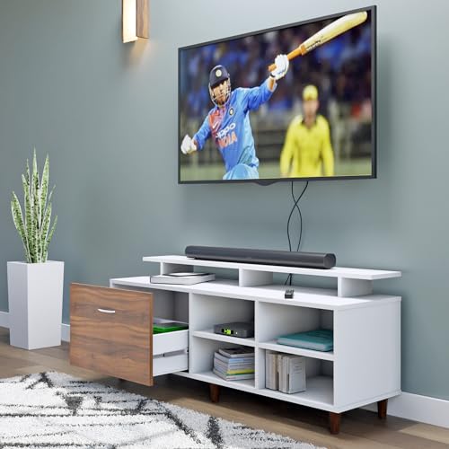 Image of VIKI Modern TV Unit for Living Room | Engineered Wood TV Cabinet with 1 Drawer Storage, 2 Open Shelves & Extension, Entertainment Unit, 140W x 48H x 40D cm | DIY | 1 Year Warranty (White & Walnut)