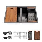 Strictly Sinks 32 Inch Undermount Workstation Black Kitchen Sink – Embossed Hexagon Texture 16 Gauge Double Bowl Kitchen Sink with Grid, Cutting Board, Colander,1 Disposal Adapter & 2 Strainer Drains