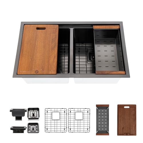 Strictly Sinks 32 Inch Undermount Workstation Black Kitchen Sink – Embossed Hexagon Texture 16 Gauge Double Bowl Kitchen Sink with Grid, Cutting Board, Colander,1 Disposal Adapter & 2 Strainer Drains