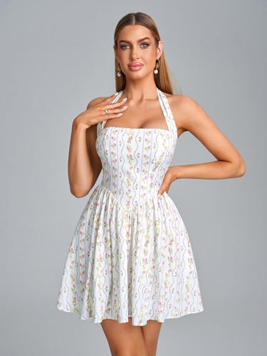 Image of Parthea Women's Floral Halter Mini Corset Dress Sleeveless A Line Flowy Cute Party Graduation Dress