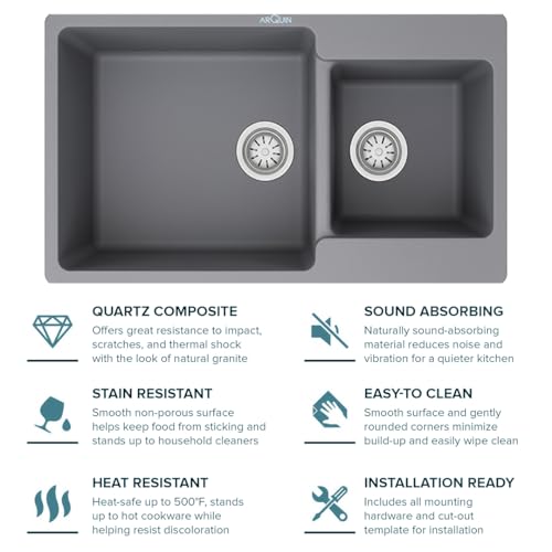 Image of ARQUIN Double Bowl Quartz Kitchen Sink 34x20x9 Inch Grey Granite, UV Protected, Undermount /Topmount Noise Reducing Quartz Sin For Kitchen Basin