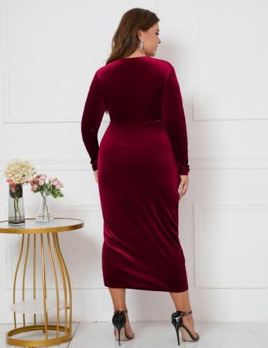 Image of ZOMVA Plus Size Velvet Wrap Dress Ruched Bodycon Dress Long Sleeves Ruffle Long Elegant Party Wedding Guest Cocktail Holiday