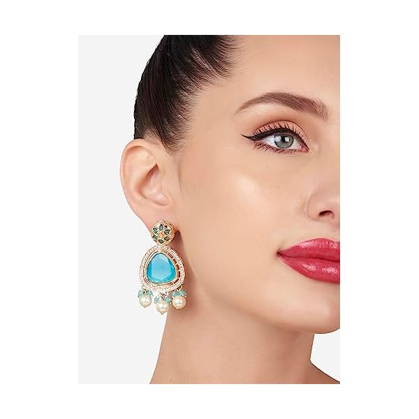 Zaveri Pearls Set Of 2 Blue & Pink Kundan & Austrian DiamondsTraditional Dangle Drop Earring For Women-ZPFK16871 - Image 5