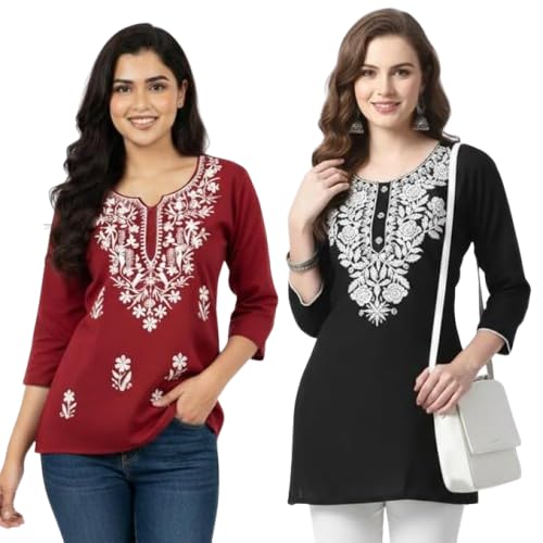 Image of Women's Rayon Kashmiri Embroidered Short Kurti | Stylish and Comfortable Kashmiri Short Kurti Tops for Casual Or Special Occasions | Pack of 2 Combo |