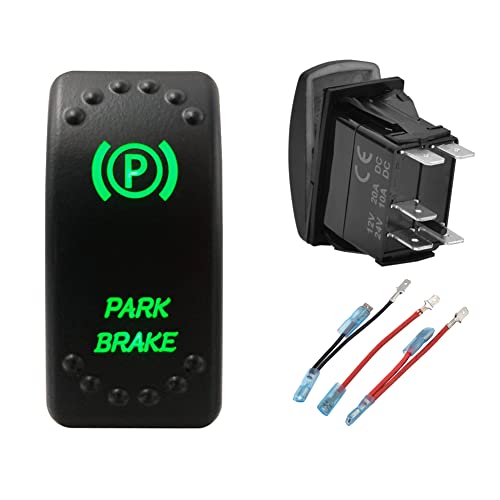 Image of Green Backlit Rocker Switch 5 Pin ON-Off Laser Etched Button Switch with Wires for Car Marine Boat UTV 20A /12V 10A /24V (Park Brake)