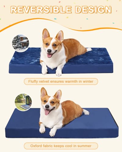 Image of KSIIA Orthopedic Dog Bed for Small Dogs with Waterproof Lining, Blue, 23x17 | Deluxe Soft Plush Dog Crate Bed, Washable Pet Mat with Removable Cover & Egg Crate Foam for Small Dogs Sleeping & Relaxing
