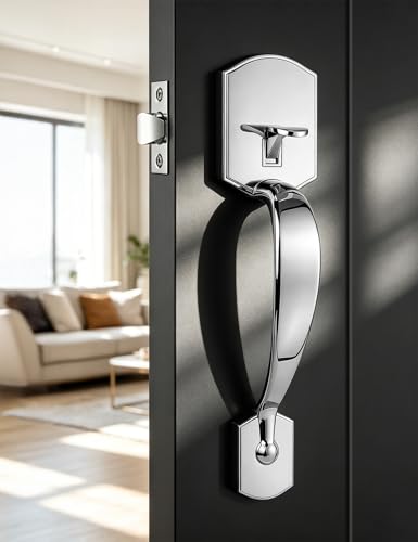 Image of Tinewa Bright Chrome Front Door Handle,Upgated Entry Door Handle with Accent Wave Door Lever,Single Cylinder Front Door Handleset for Home Security