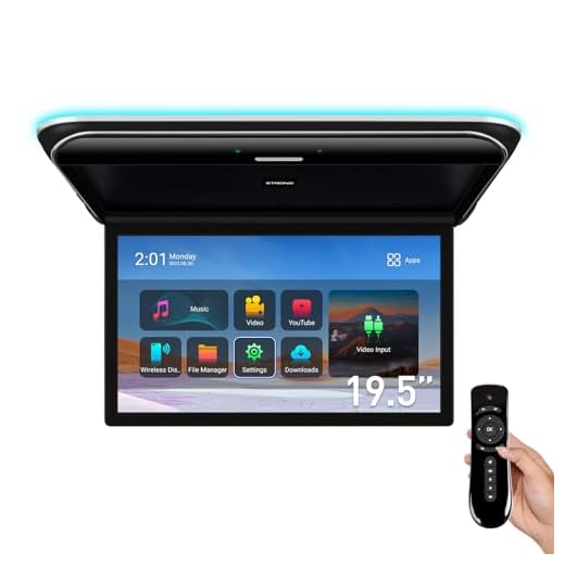 XTRONS Android Car Overhead Player 19.5 Inch Wide IPS Screen 8K Video Car Roof Mount Monitor with Built-in Stereo Speakers Flip Down Overhead Car Monitor Support WiFi, HDMI Input, USB, RCA Input