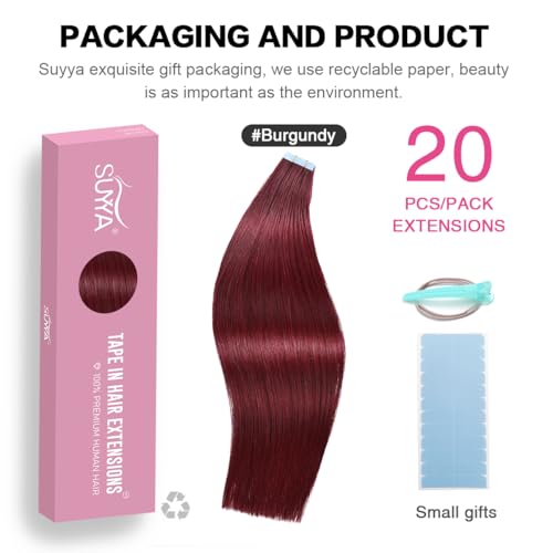 Image of SUYYA Tape In Hair Extensions Human Hair 20 Inch #Burgundy