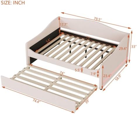 Miniatura 37 de MERITLINE Sofá cama tapizado de tamaño individual con nido y LED, marco de cama de día de forro polar con listones de madera maciza, sofá cama