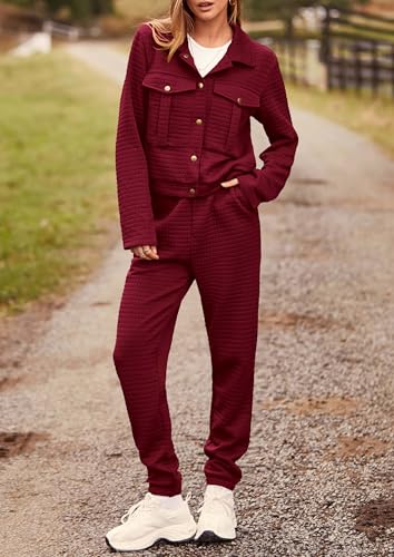 Image of PRETTYGARDEN Womens Two Piece Sets Fall 2026 Long Sleeve Button Down Shacket Jacket Long Sweatpants Tracksuit Winter Clothes