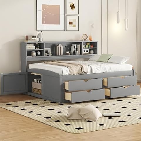 SOFTSEA Full Size Captain Bed with Storage Drawers, Wood Daybed with Bookcase Headboard, Full Bookcase Daybeds with 2 Storage Cabinets for Kids Teens Guests, Grey Cover