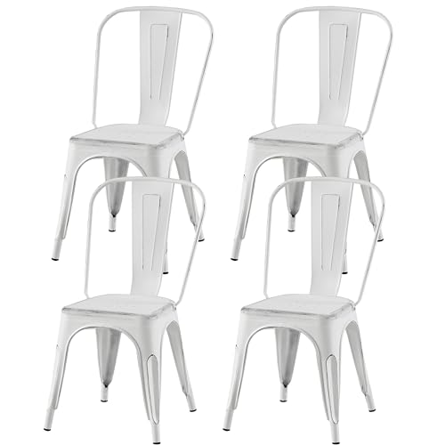 Image of Metal Dining Chairs with Back, Stackable, Distressed White, 4 Pack | Easy Assembly, Non-Slip Feet, 330 lb Capacity, Kitchen, Restaurant, Cafe, Pub, Covered Patio