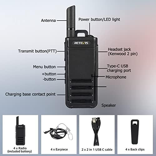 Retevis RB639 Walkie Talkie Portable, PMR446 Professional 2 Way Radio with Earpieces, USB-C, Call Tones, Squelch, Emergency Alarm VOX Walkie Talkie Hands Free for Restaurant, Retail (4 Pcs, Black)