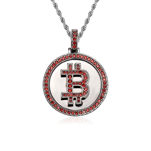 JAJAFOOK Bitcoin Crypto Pendant Necklace, Gold Plated Micro Pave CZ Diamond Hip Hop Blockchain Jewelry for Men, 24-Inch Rope Chain Included, Statement Gift red and black