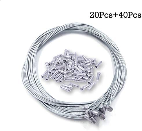 WTSHOP 20PCS 2m Long Bicycle Bike Replaceable Brake Cable and 40PCS Silver Alloy Cable Cap End Tip Crimp Set