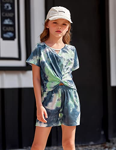 Image of Arshiner Girls Summer 2 Piece Outfits Tie Dye Short Sets Casual Twist Front Short Sleeve Tops and Pant with Pockets