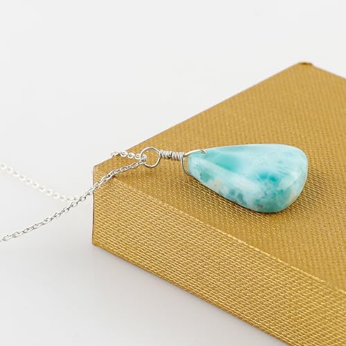 GEMKORA Natural Real Larimar Pendant Necklace, Polished Crystals Birthstone, Healing Gemstone, Birthday, Gift, Jewelry 18 inch