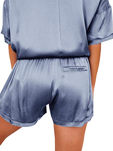 Lyaner Women's Satin Silky Pajamas Set Short Sleeve T-Shirt With Shorts Set Pjs Loungewear Dusty Blue Small #TOP1