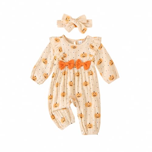 Newborn Baby Girl Halloween Clothes Puff Sleeve Cotton Linen Ruffle Pumpkin Print Jumpsuit Fall One Piece Outfits