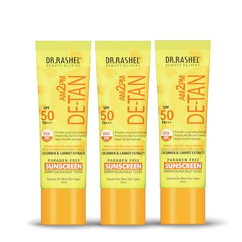 Image of DR.RASHEL DE-TAN SUNSCREEN SPF 50 PA+++ SKIN HYDRATING, PROVIDES LONG-LASTING PROTECTION WITH CUCUMBER & CARROT EXTRACT, Paraben free, All skin Type, 18ml (Pack of 3)