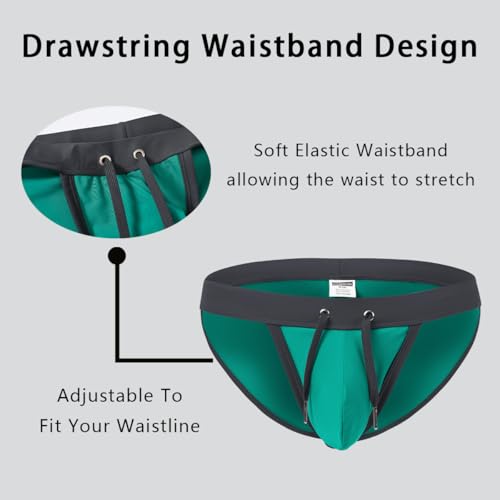 Men's Swim Bikini Briefs with Pouch Bulge Swimwear Sexy High Leg Split Adjustable Waistband Soft Beachwear M Green3