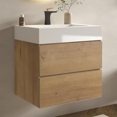 BLUHOUZZ 24" Bathroom Vanity with Sink, Modern Floating Bathroom Cabinet with Top, Pre-Assembled, 2 Soft-Close Drawers, Spacious Storage for Small Space, Oak&White - Alice Collection