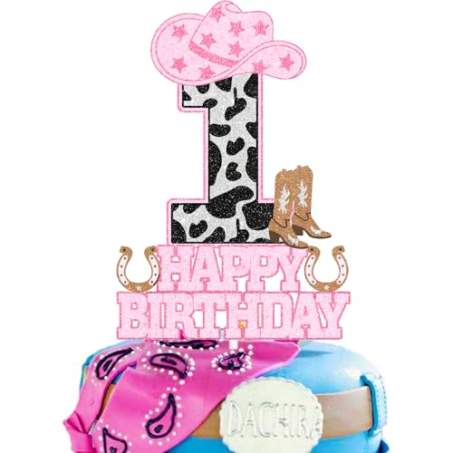 Kids' Cowgirl First Rodeo Happy Birthday Cake Toppers - This is the perfect cowgirl themed birthday party, Cowboy party or baby shower party cow pattern smash decoration for a boy or girl - SugarGera