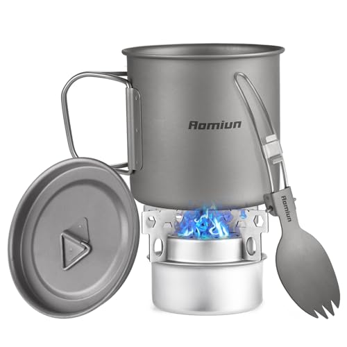 Aomiun Titanium Camping Cookware 500ml Titanium Cup with Alcohol Stove, Cross Stand, Windscreen & Folding Spork, Lightweight Portable Outdoor Camping Stove and Cup Set for Backpacking Hiking