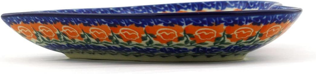 Polmedia Polish Pottery Heart Shaped Platter 7-inch UNIKAT - Fiery Bouquet Pattern Handmade in Boleslawiec Poland by Ceramika Artystyczna + Certificate of Authenticity