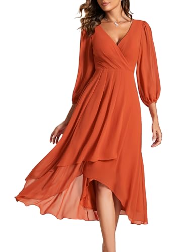 Ever-Pretty Robe Cocktail Femme en Mousseline High Low Manches Longues Soirée Orange Caramel 50