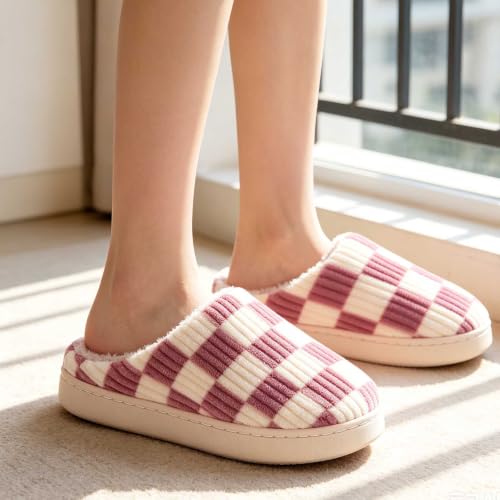 Image of Checkered Slippers for Women and Men - Fuzzy House Slippers with Memory Foam, Comfy Plush Fluffy Indoor House Shoes, Cozy Warm Slip on Bedroom Slippers with Non-Slip Sole
