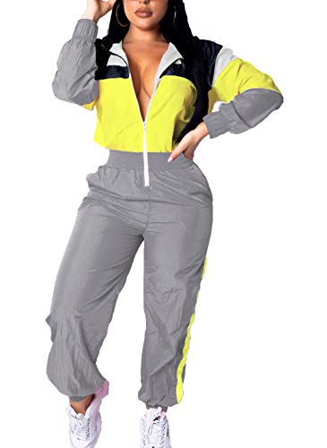 Voikerdr Women Colorblock One Piece Outfits Set High Waist Pants Long Sleeve Zipper Front Windbreaker Jumpsuit Grey Xl #TOP6