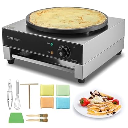 VEVOR elektrischer Crepemaker Crepe-Maschine 3000 W flache Crepe-Grillplatte 40 cm, antihaftbeschichteter fannkuchenherd aus Edelstahl, runder Cerealien-Pfannkuchenherd, Temperaturregelung