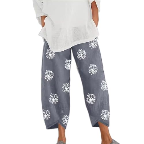 Women's Cotton Linen Capris Pants Casual Loose Printed Cropped Trousers with Pockets