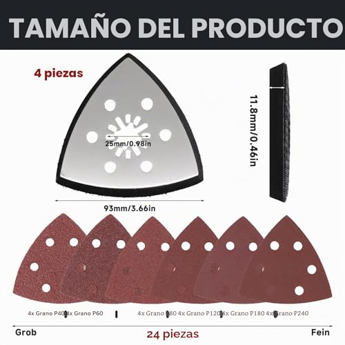 Miniatura 2 de 4 Platos De Lija Triangulares 93mm 24 Hojas De Lija, Accesorios Multiherramienta, Cuchillas Multiherramienta, Placa De Lija Fina Con Base Metálica Para Lijar Madera, Metal, Plástico, Piedra