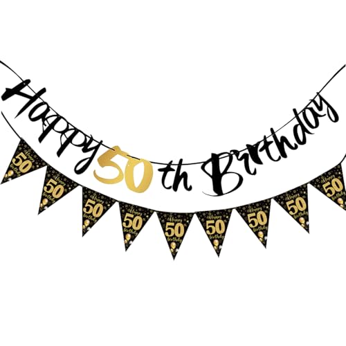 50th Birthday Decorations Happy 50th Birthday Banners Black And Gold Party Decoration Bday Banner Bunting Ceiling Topper Paper Backdrop Party Decs for Him Boy Girls Men Women Friends