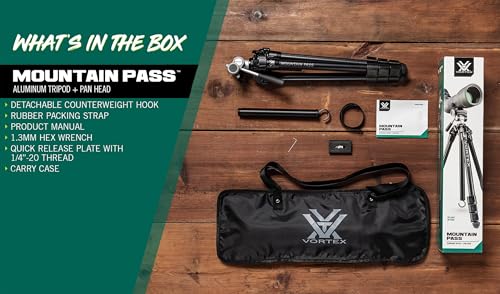 Vortex Optics Mountain Pass Tripod Kit - 2-Way Pan Head, 22 lb Max Load, Arca-Swiss Head Mount - Unlimited, Unconditional Warranty